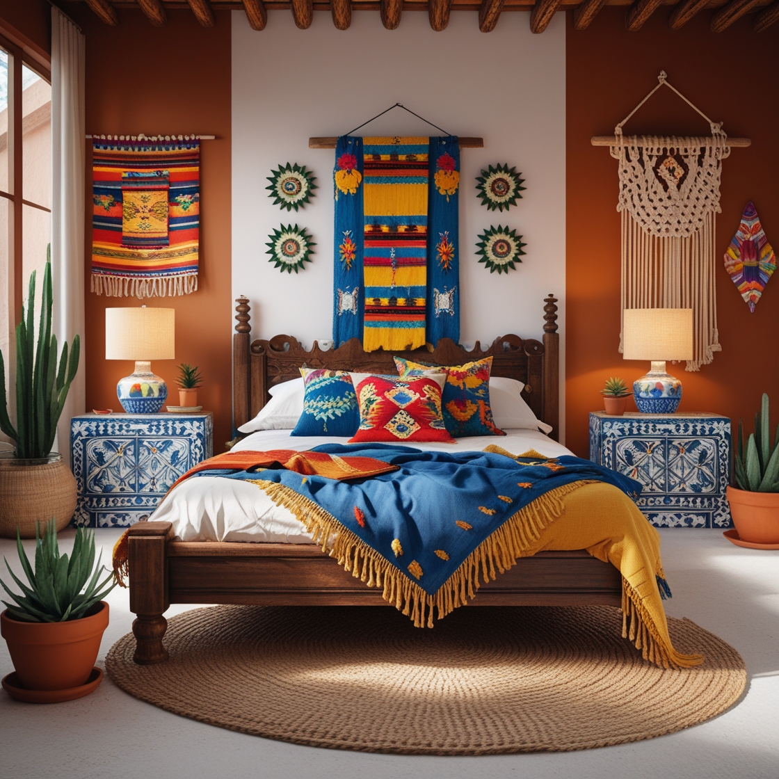 Modern Mexican bedroom with vibrant decor and rustic furniture