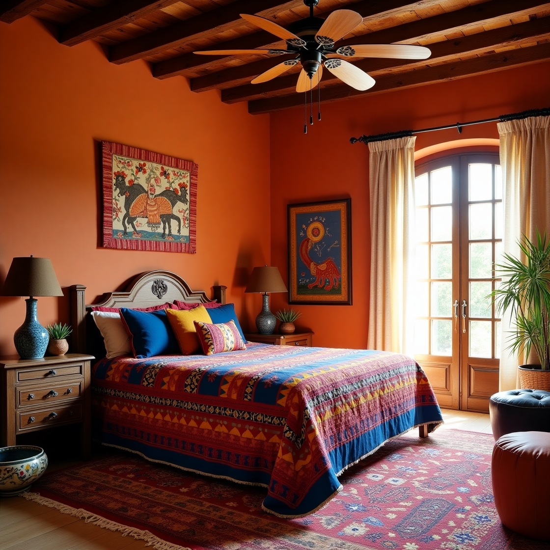 A colorful Mexican bedroom aesthetic with handwoven textiles, rustic wooden furniture, and vibrant Talavera accents.