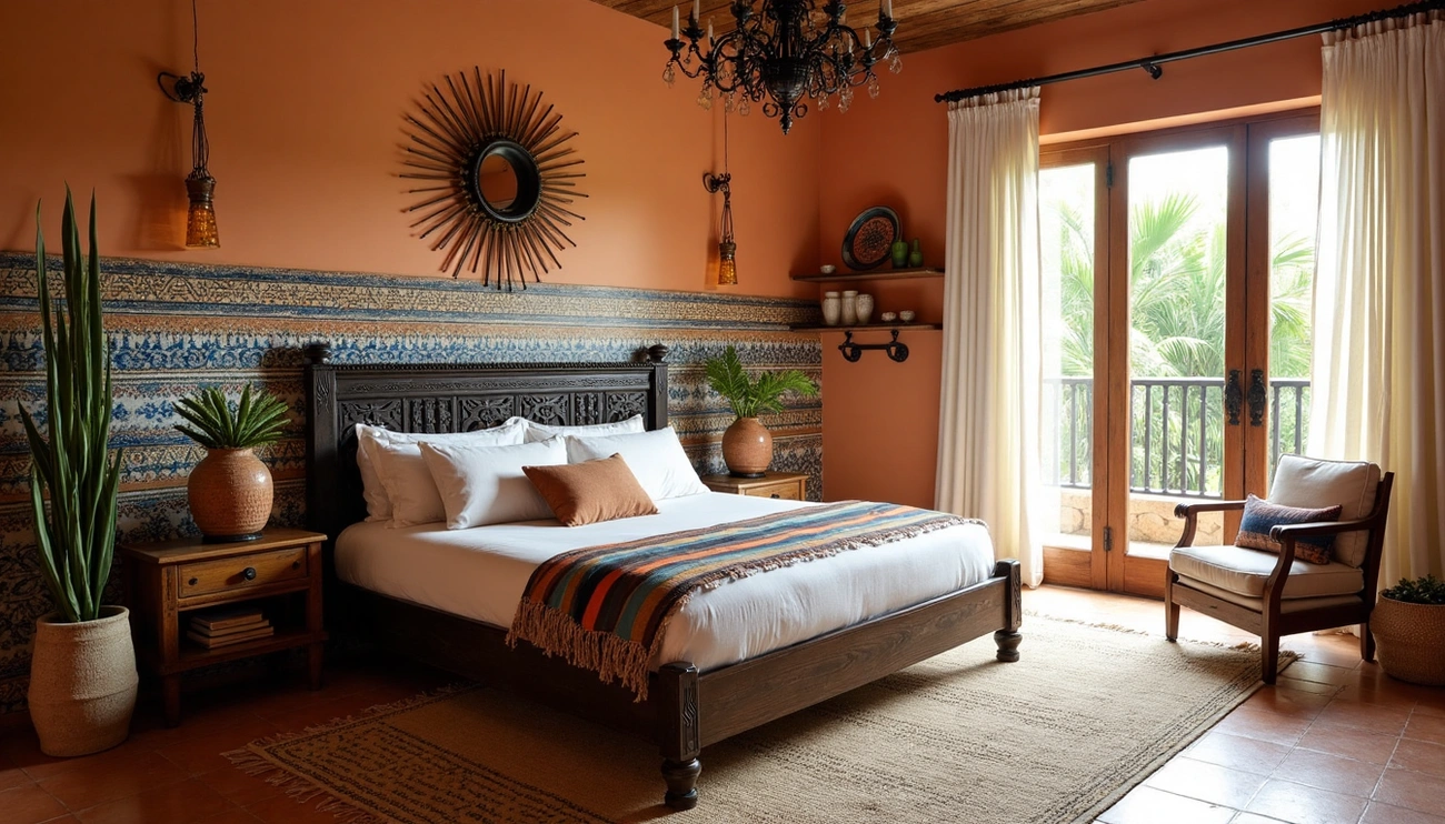A beautiful Mexican bedroom ideas blending traditional and modern decor, featuring vibrant textiles, rustic wood furniture, and Talavera pottery accents.