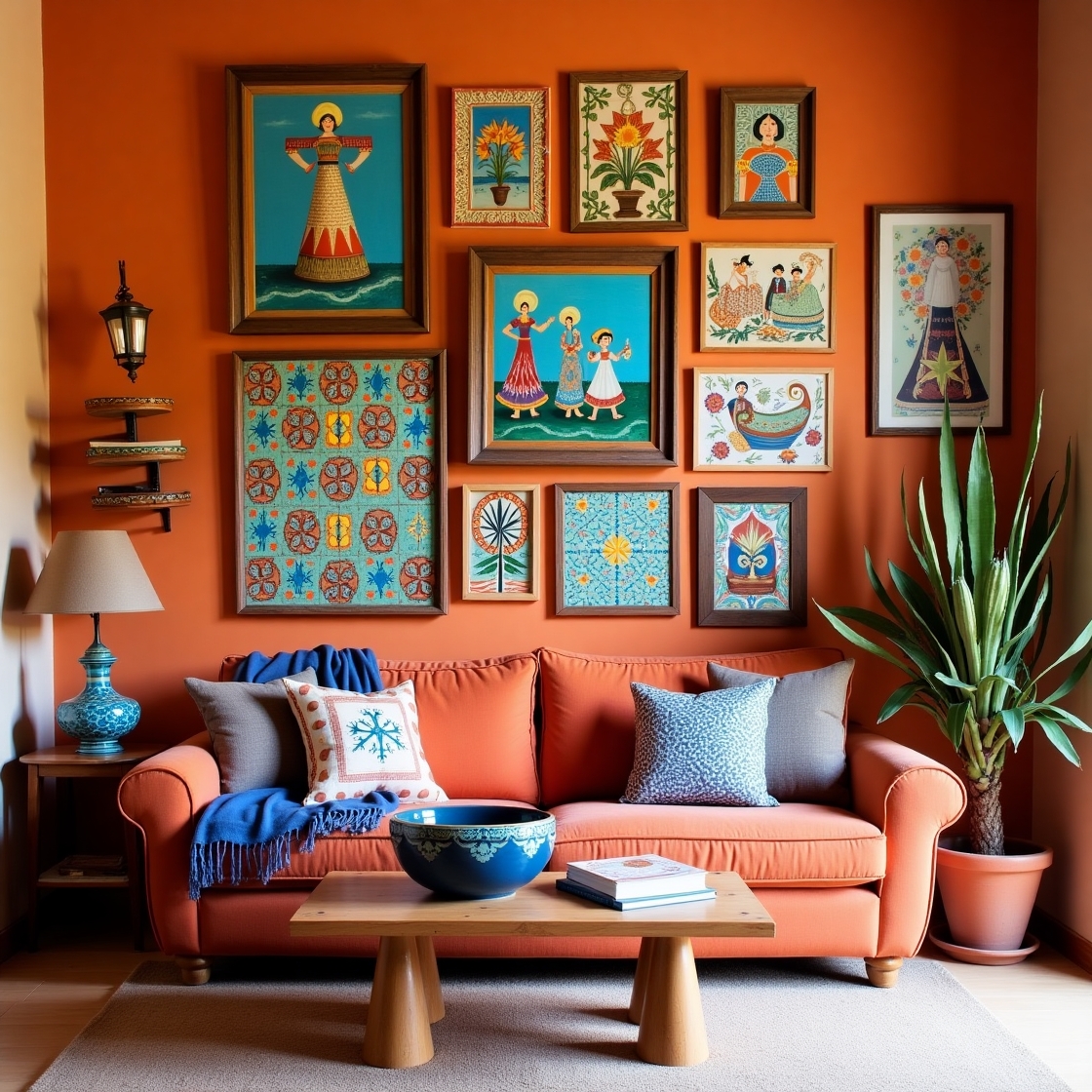 Mexican gallery wall layout ideas with colorful artwork, Talavera tiles, and cultural artifacts