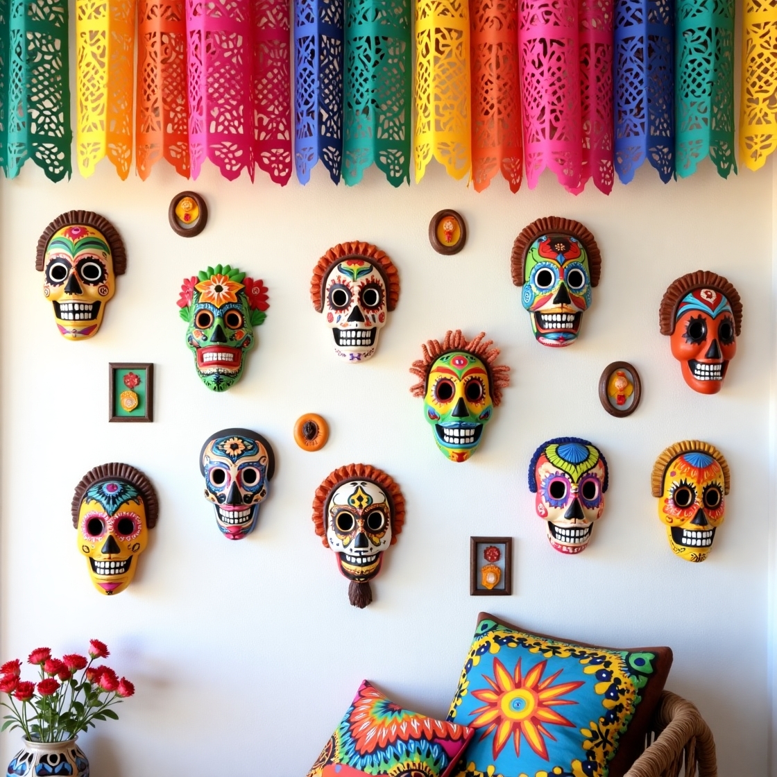 Mexican folk art wall decor 2025 with colorful papel picado, tin hearts, and ceramic masks on a white wall