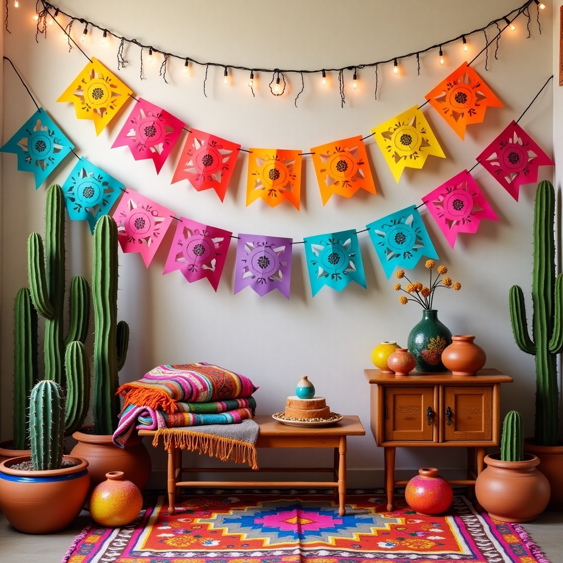 Vibrant DIY Mexican papel picado wall hanging displayed on a festive backdrop
