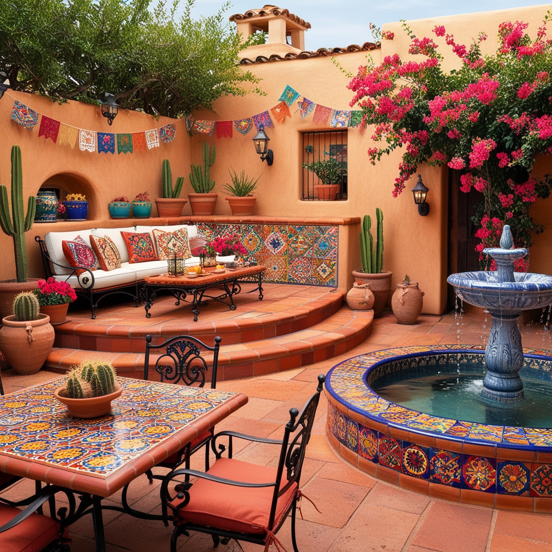 Authentic Mexican patio design with Talavera tiles in vibrant colors and patterns