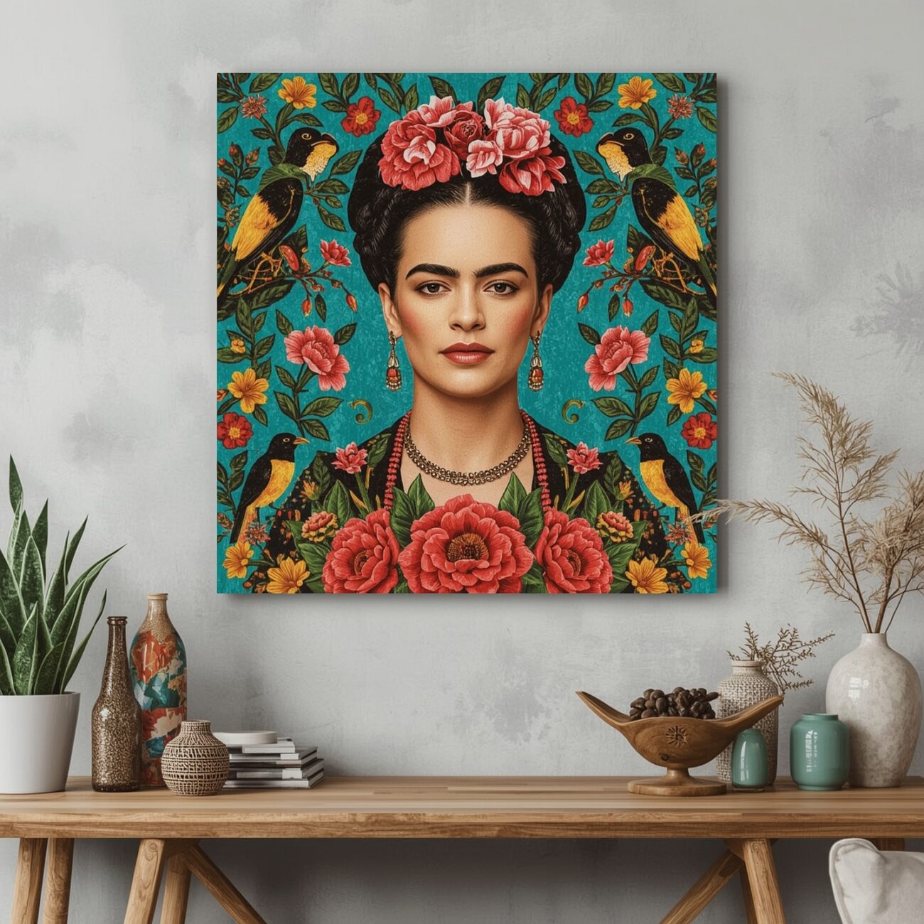 Frida Kahlo inspired wall canvas with vibrant colors and Mexican motifs