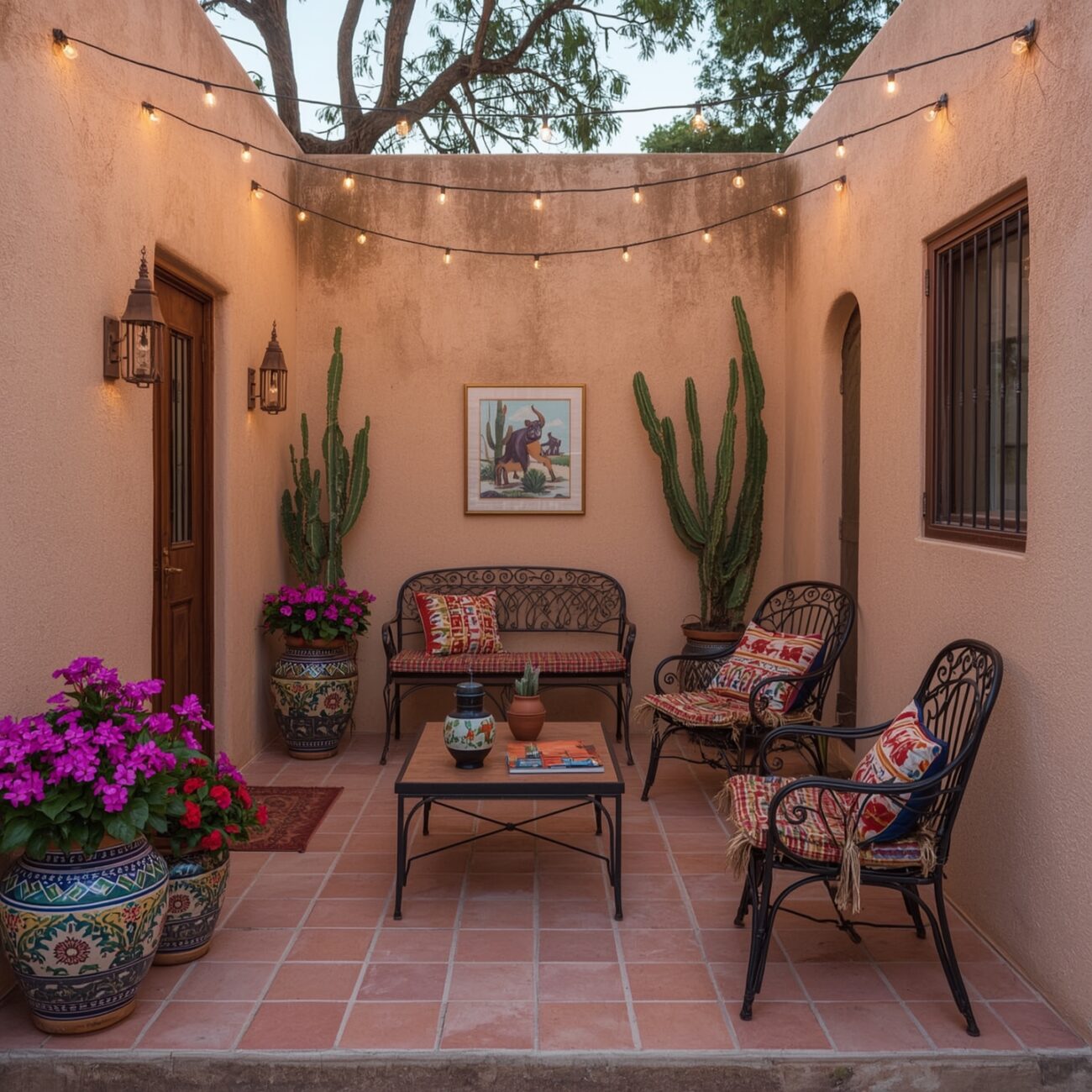Small Mexican patio decor with string lights, Talavera pots, and rustic seating