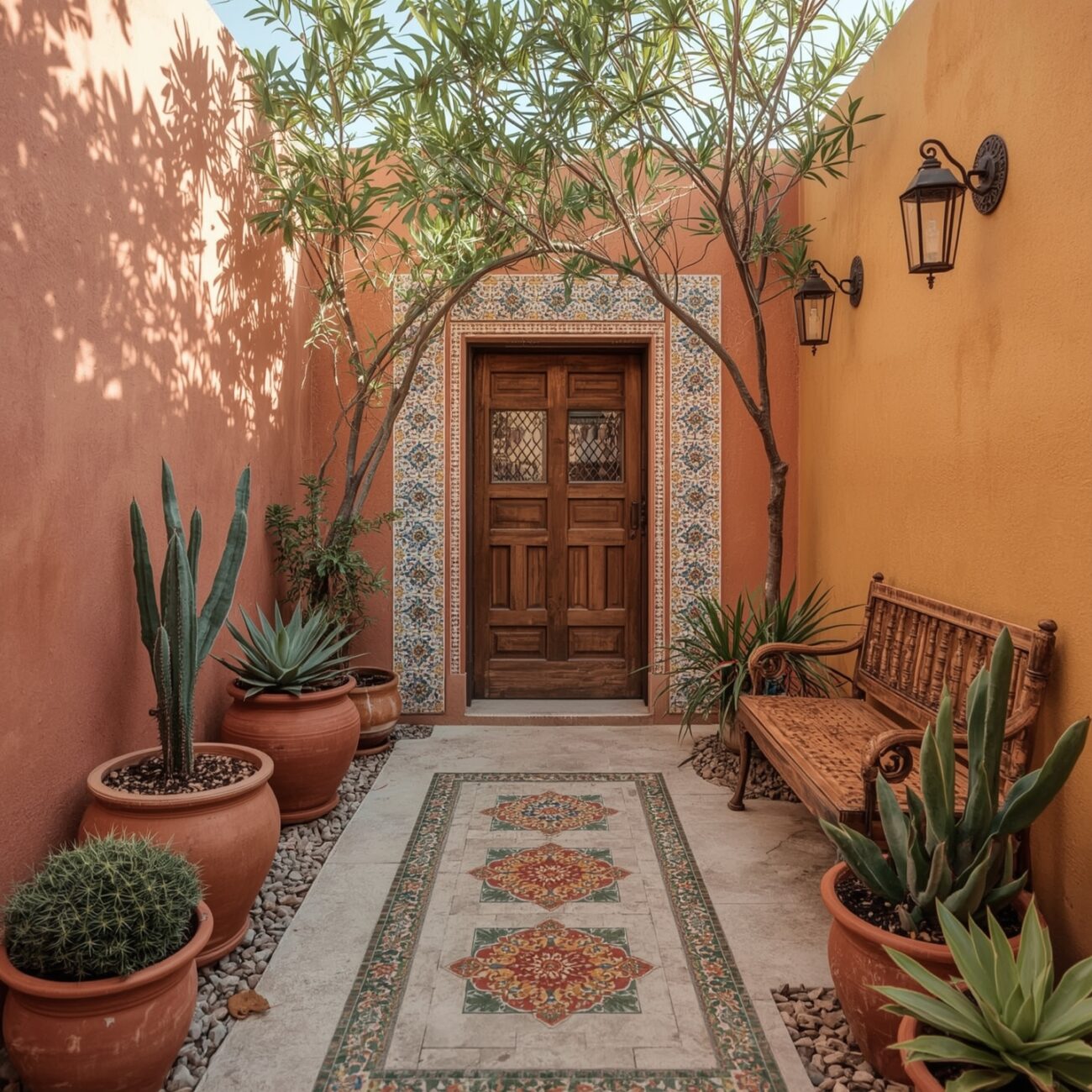 Budget-friendly Mexican courtyard garden with clay pots, colorful tiles, and desert plants.